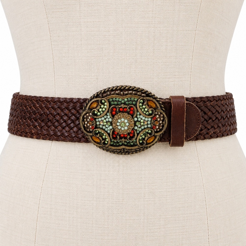 Leatherock Leather Braided Belt L36 Brown Jeweled Western Buckle 5712